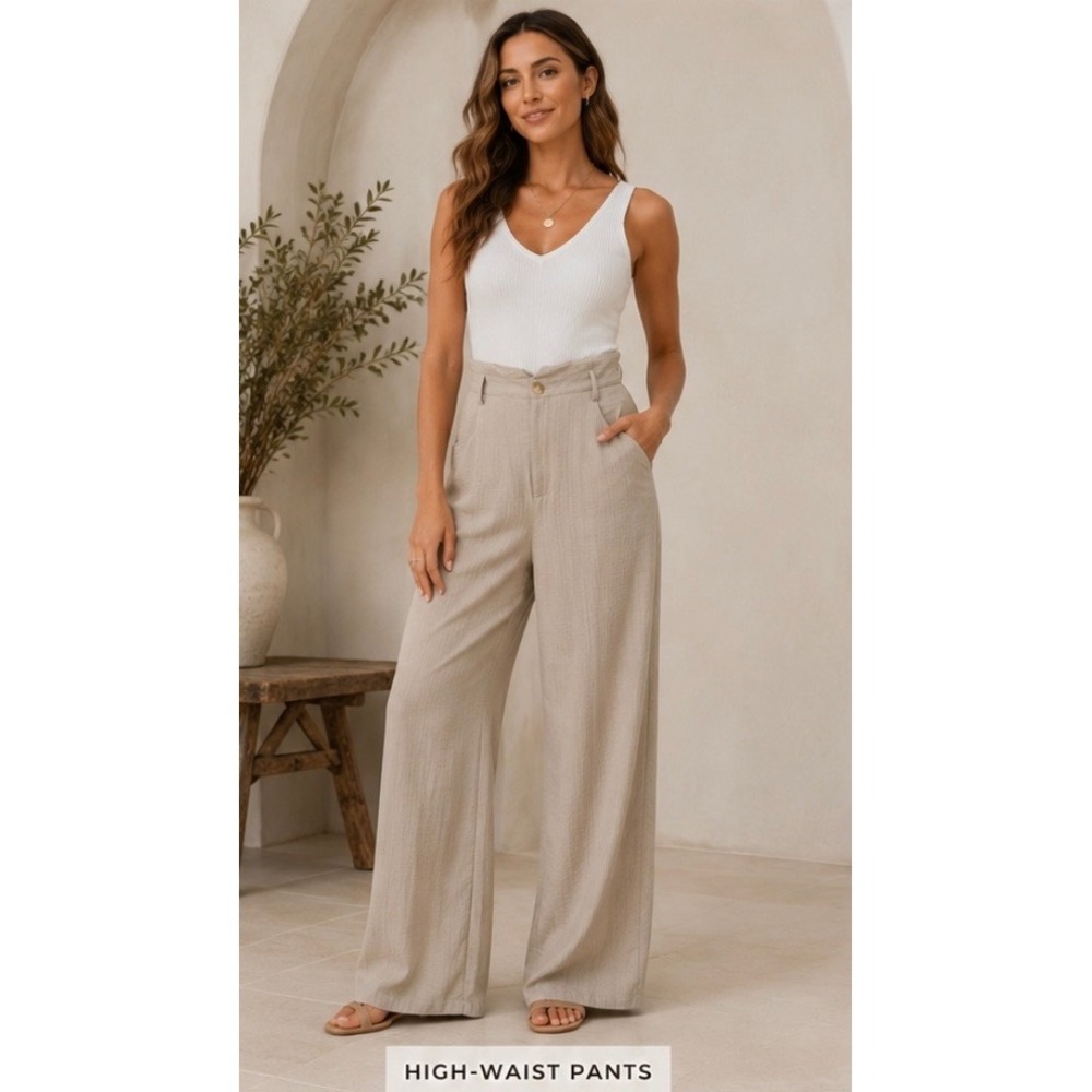 Zara Women Beige High-Waist Wide Leg Textured Crinkle Pants Size M Sand Neutral